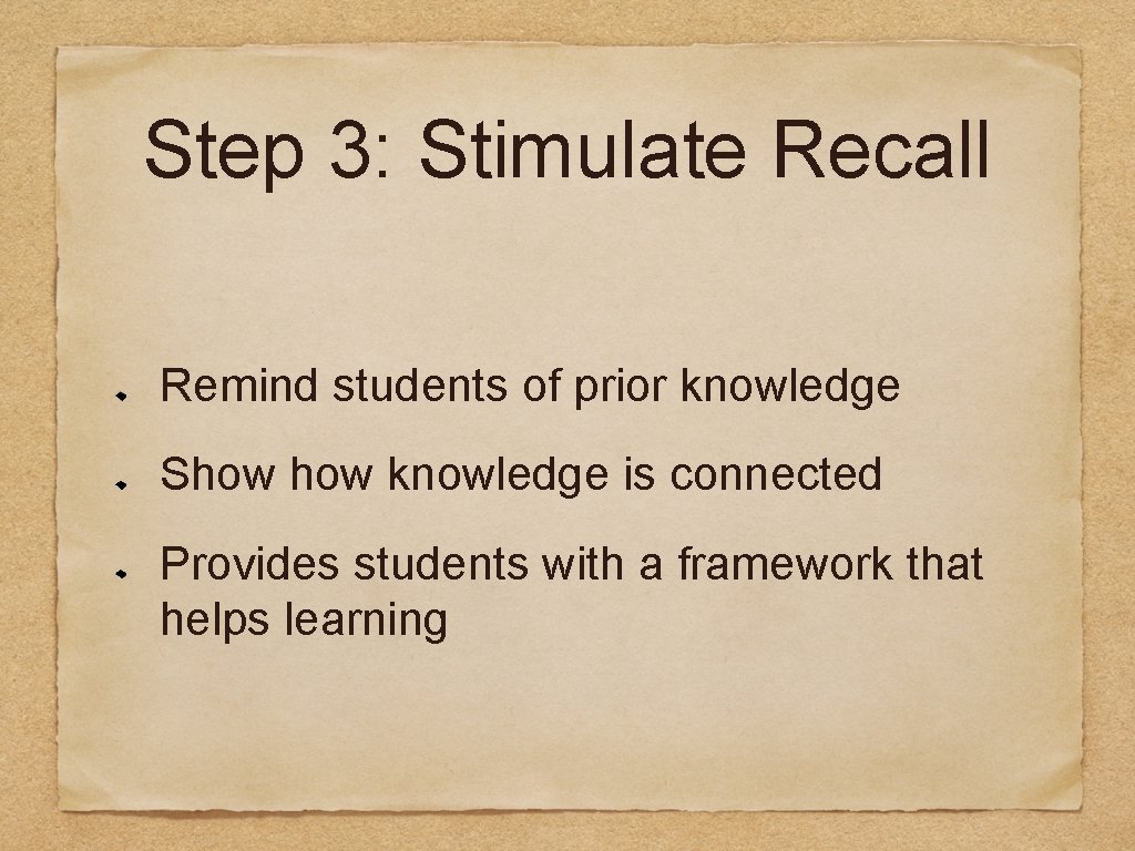 Step 3: Stimulate Recall Remind students of prior knowledge Show knowledge is connected Provides