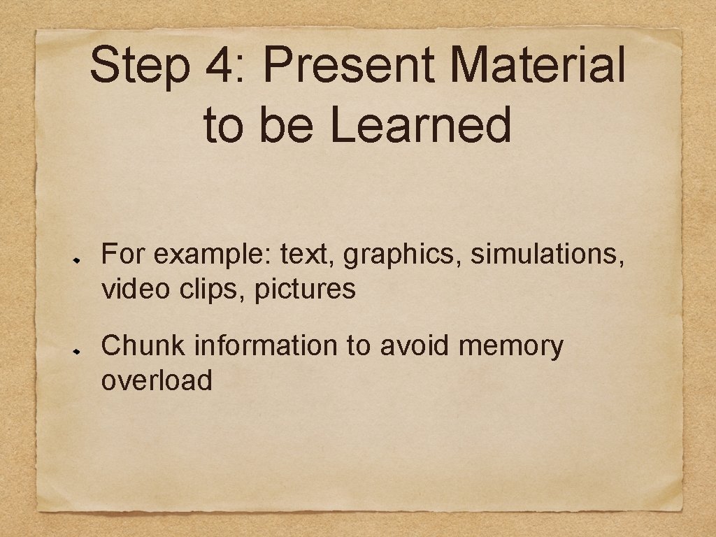 Step 4: Present Material to be Learned For example: text, graphics, simulations, video clips,