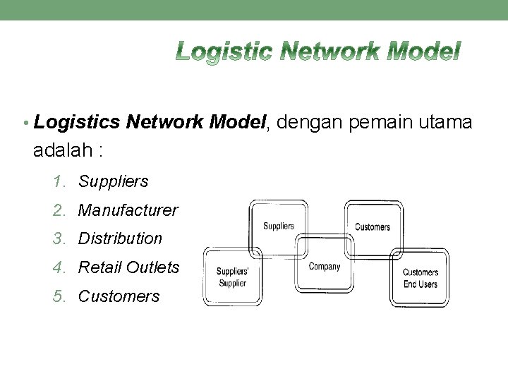  • Logistics Network Model, dengan pemain utama adalah : 1. Suppliers 2. Manufacturer