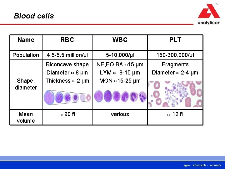 Blood cells Name RBC WBC PLT Population 4. 5 -5. 5 million/µl 5 -10.