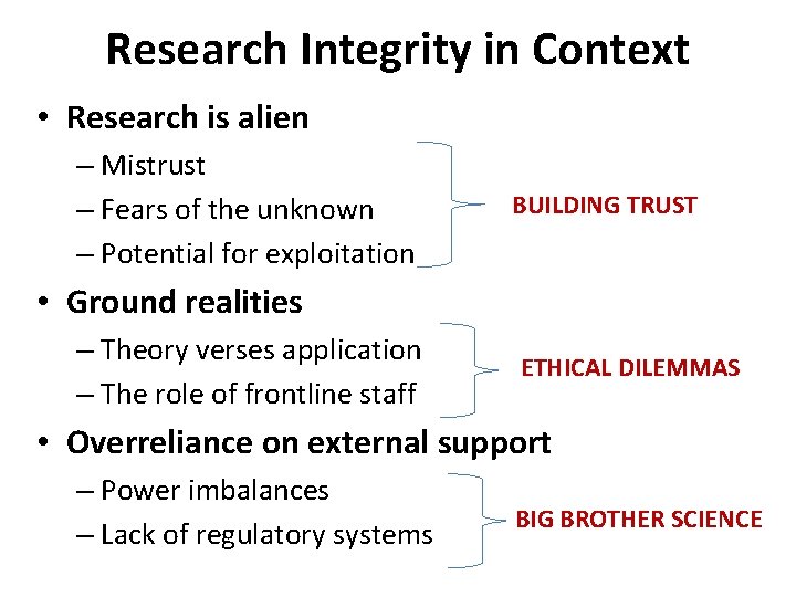 Research Integrity in Context • Research is alien – Mistrust – Fears of the