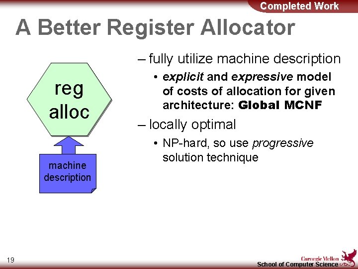 Completed Work A Better Register Allocator – fully utilize machine description reg alloc machine