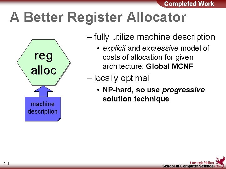 Completed Work A Better Register Allocator – fully utilize machine description reg alloc machine