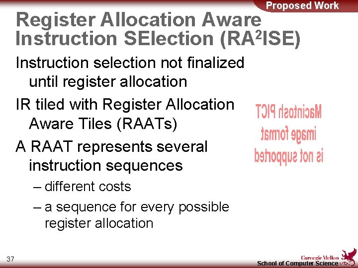 Proposed Work Register Allocation Aware Instruction SElection (RA 2 ISE) Instruction selection not finalized