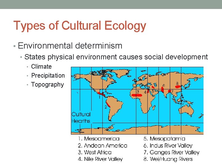 Types of Cultural Ecology • Environmental determinism • States physical environment causes social development