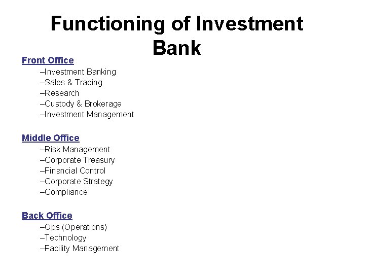 Functioning of Investment Bank Front Office –Investment Banking –Sales & Trading –Research –Custody &