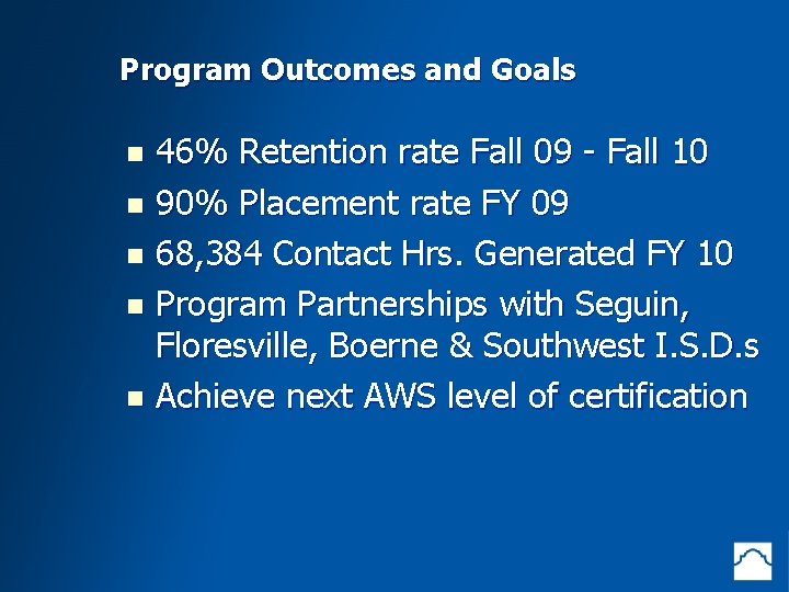 Program Outcomes and Goals 46% Retention rate Fall 09 - Fall 10 St. Placement