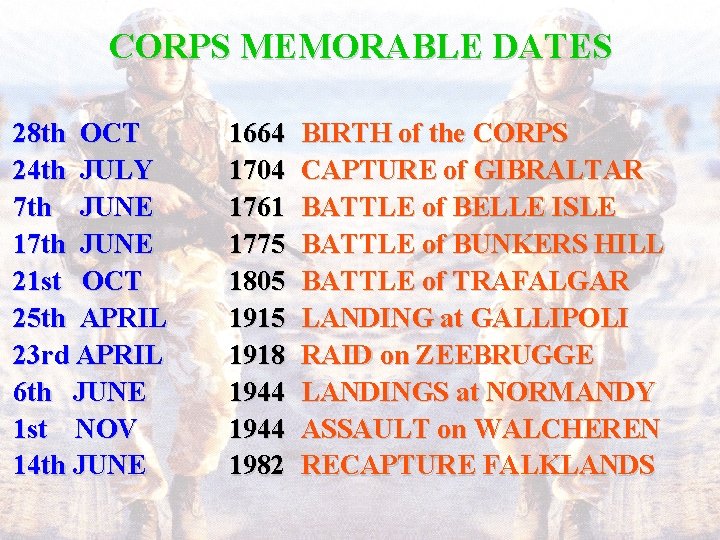 CORPS MEMORABLE DATES 28 th OCT 24 th JULY 7 th JUNE 17 th