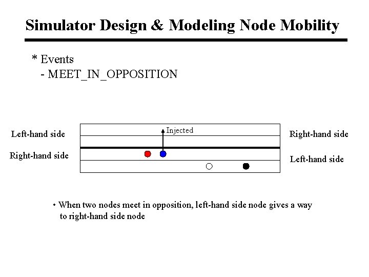 Simulator Design & Modeling Node Mobility * Events - MEET_IN_OPPOSITION Left-hand side Right-hand side
