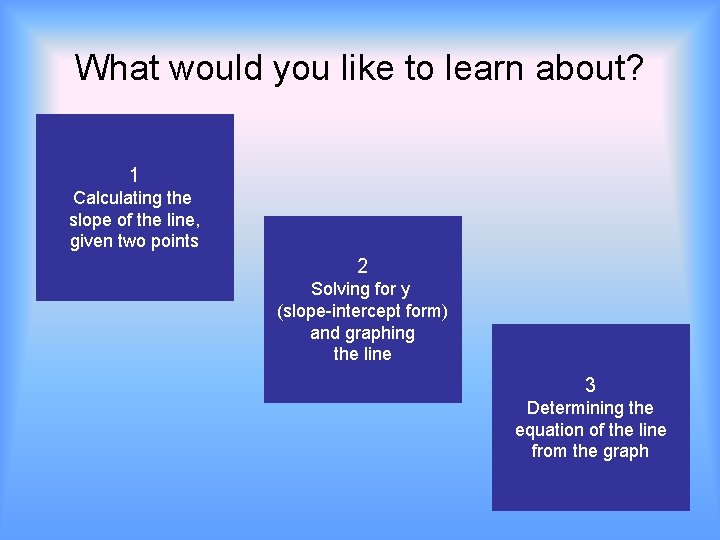 What would you like to learn about? 1 Calculating the slope of the line,