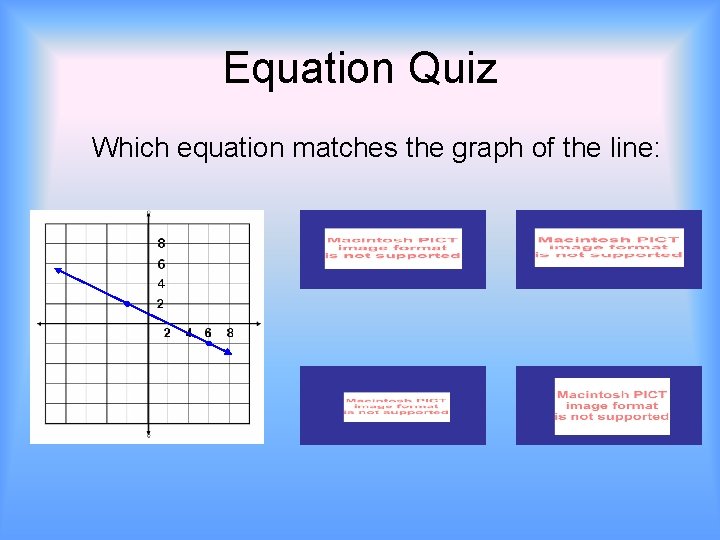 Equation Quiz Which equation matches the graph of the line: 