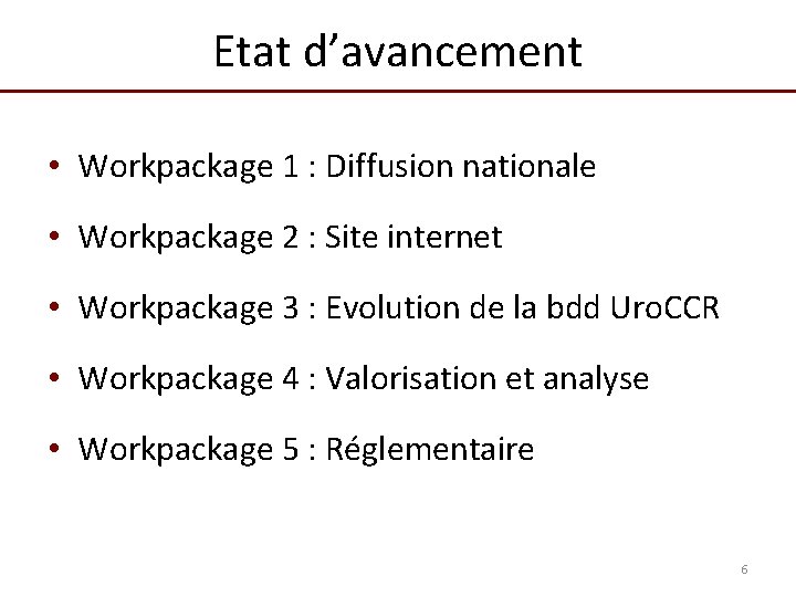 Etat d’avancement • Workpackage 1 : Diffusion nationale • Workpackage 2 : Site internet