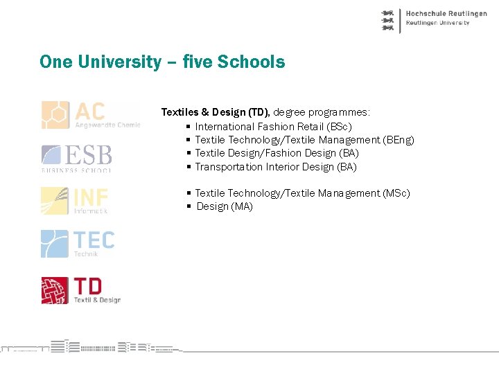 One University – five Schools Textiles & Design (TD), degree programmes: § International Fashion