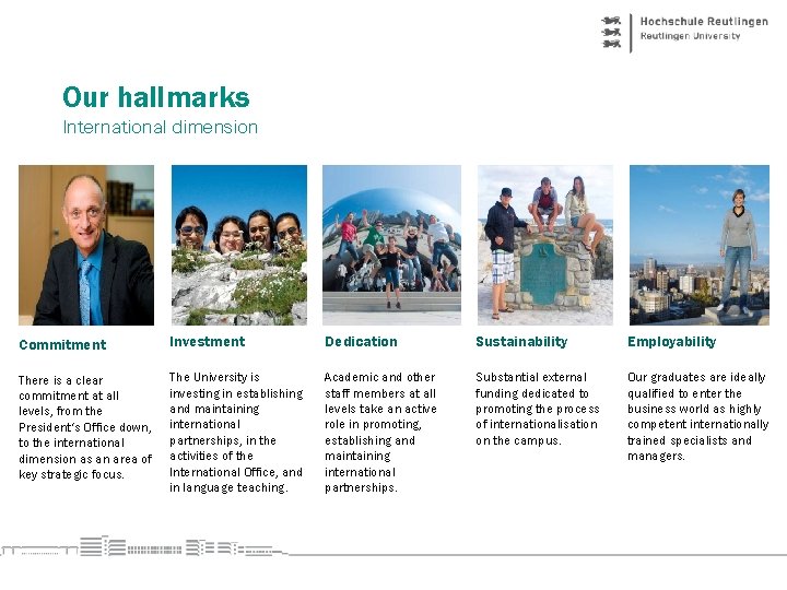 Our hallmarks International dimension Commitment Investment Dedication Sustainability Employability There is a clear commitment
