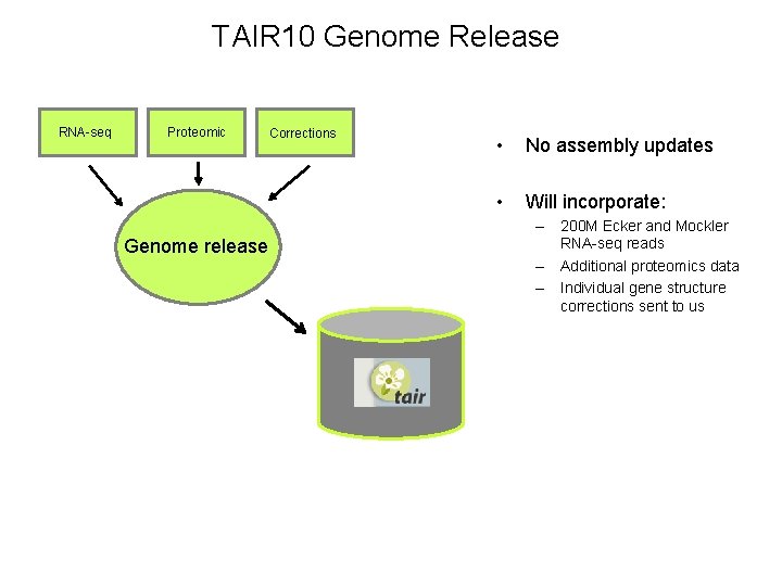TAIR 10 Genome Release RNA-seq Proteomic Genome release Corrections • No assembly updates •