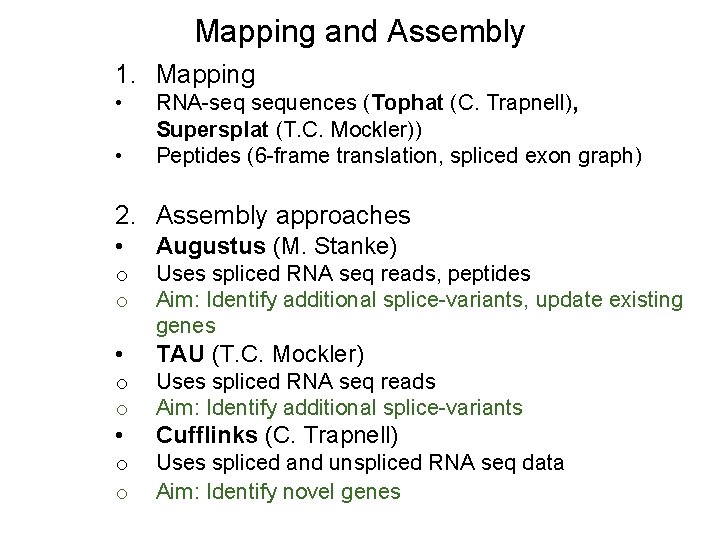 Mapping and Assembly 1. Mapping • • RNA-seq sequences (Tophat (C. Trapnell), Supersplat (T.