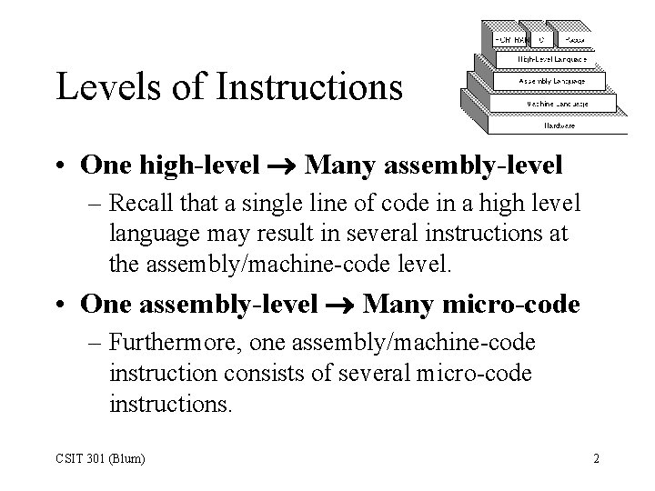 Levels of Instructions • One high-level Many assembly-level – Recall that a single line