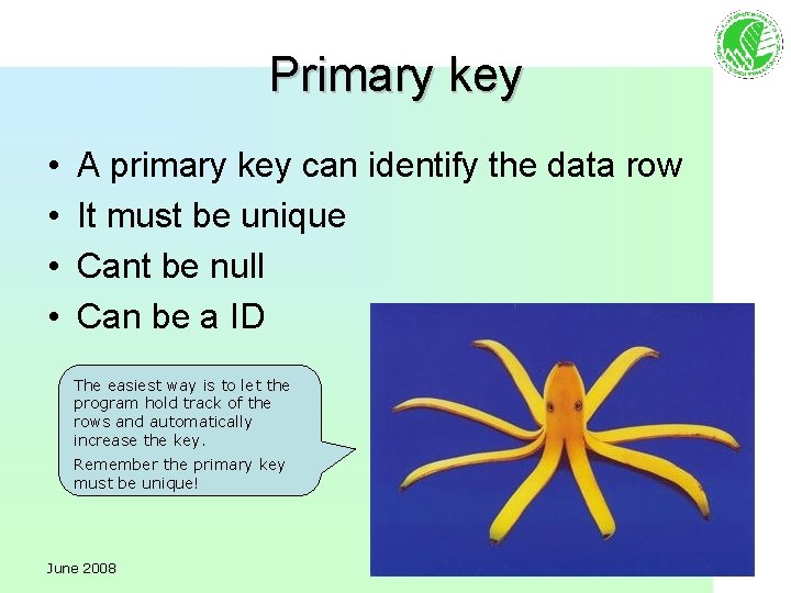 Primary key • • A primary key can identify the data row It must