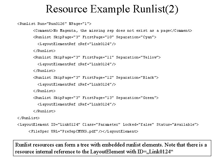Resource Example Runlist(2) <Run. List Run="Run 0126" NPage="1"> <Comment>No Magenta, the missing sep does
