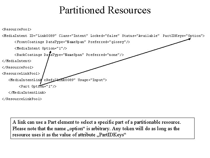 Partitioned Resources <Resource. Pool> <Media. Intent ID="Link 0089" Class="Intent" Locked="false" Status="Available" Part. IDKeys="Option"> <Front.