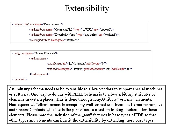 Extensibility <xsd: complex. Type name="Base. Element_"> <xsd: attribute name="Comment. URL" type="jdf: URL" use="optional"/> <xsd: