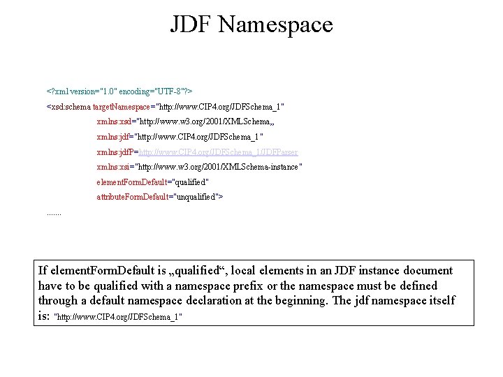 JDF Namespace <? xml version="1. 0" encoding="UTF-8"? > <xsd: schema target. Namespace="http: //www. CIP