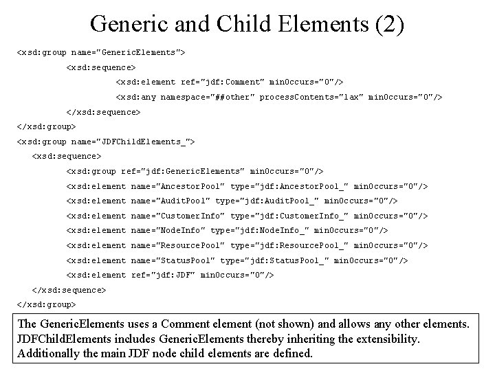 Generic and Child Elements (2) <xsd: group name="Generic. Elements"> <xsd: sequence> <xsd: element ref="jdf: