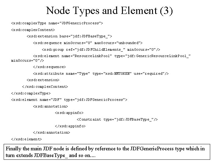 Node Types and Element (3) <xsd: complex. Type name="JDFGeneric. Process"> <xsd: complex. Content> <xsd: