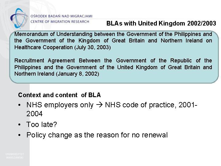 BLAs with United Kingdom 2002/2003 Memorandum of Understanding between the Government of the Philippines
