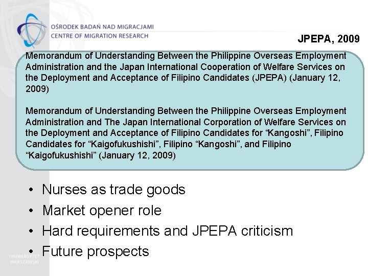 JPEPA, 2009 Memorandum of Understanding Between the Philippine Overseas Employment Administration and the Japan