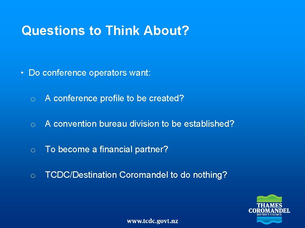 Questions to Think About? • Do conference operators want: o A conference profile to