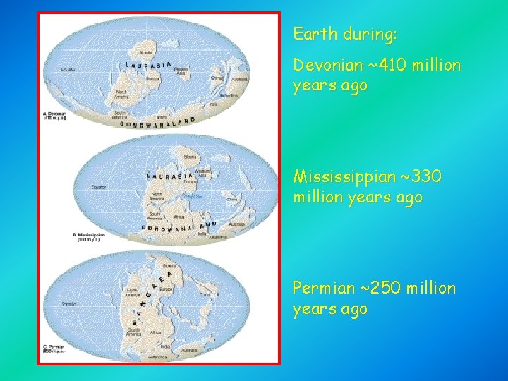 Earth during: Devonian ~410 million years ago Mississippian ~330 million years ago Permian ~250