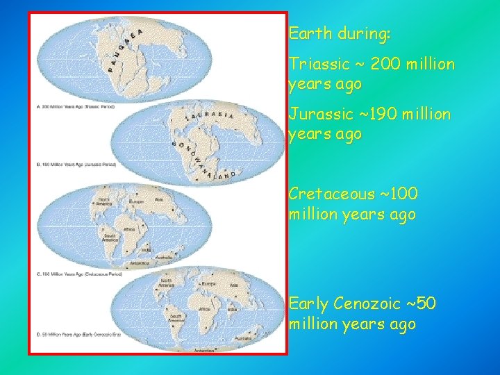 Earth during: Triassic ~ 200 million years ago Jurassic ~190 million years ago Cretaceous