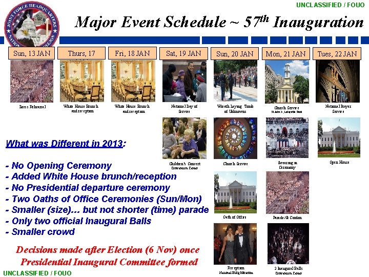 UNCLASSIFIED / FOUO Major Event Schedule ~ 57 th Inauguration Sun, 13 JAN Thurs,