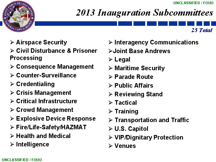 UNCLASSIFIED / FOUO 2013 Inauguration Subcommittees 25 Total Ø Airspace Security Ø Civil Disturbance