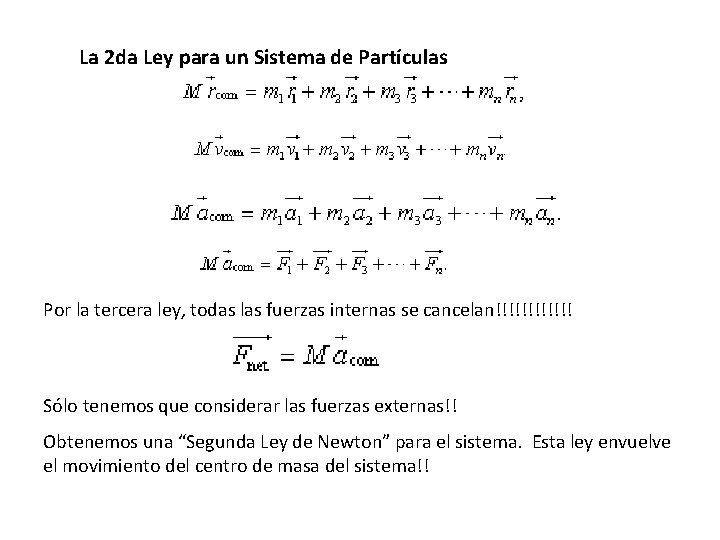 La 2 da Ley para un Sistema de Partículas Por la tercera ley, todas