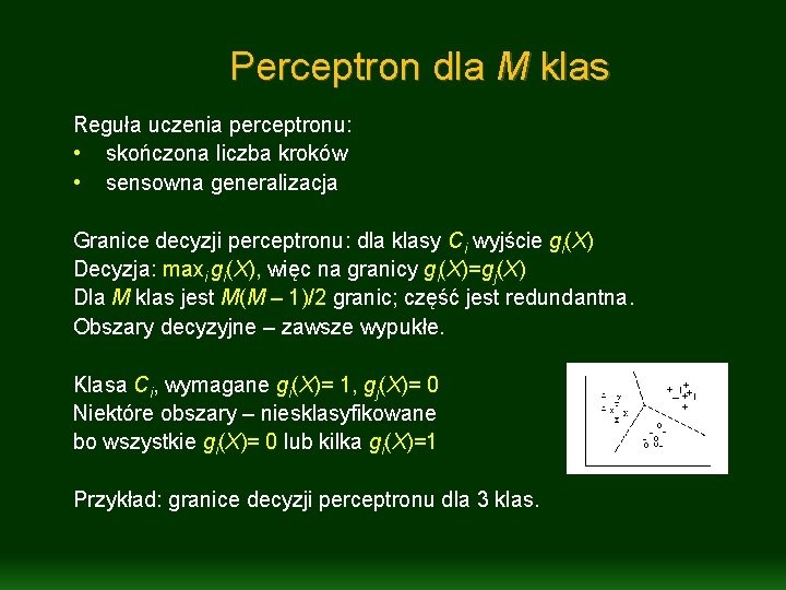 Perceptron dla M klas Reguła uczenia perceptronu: • skończona liczba kroków • sensowna generalizacja