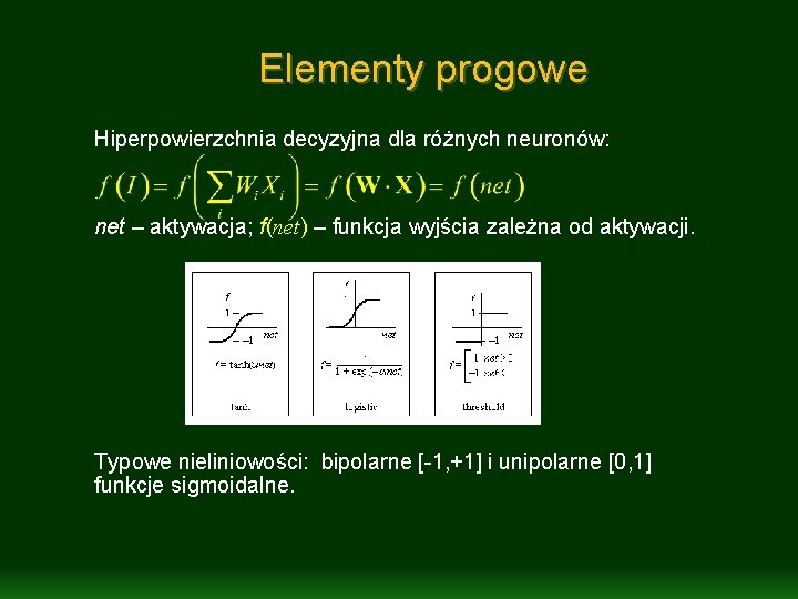 Elementy progowe Hiperpowierzchnia decyzyjna dla różnych neuronów: net – aktywacja; f(net) – funkcja wyjścia