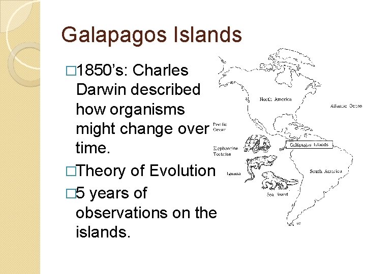 Galapagos Islands � 1850’s: Charles Darwin described how organisms might change over time. �Theory