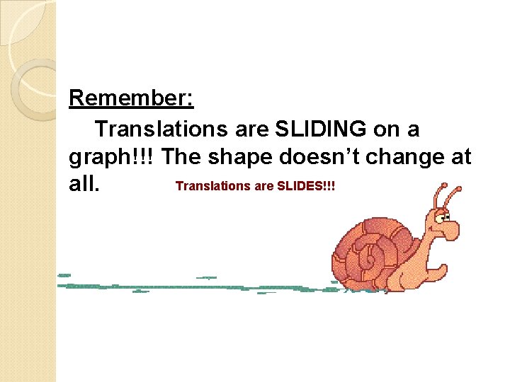 Remember: Translations are SLIDING on a graph!!! The shape doesn’t change at Translations are