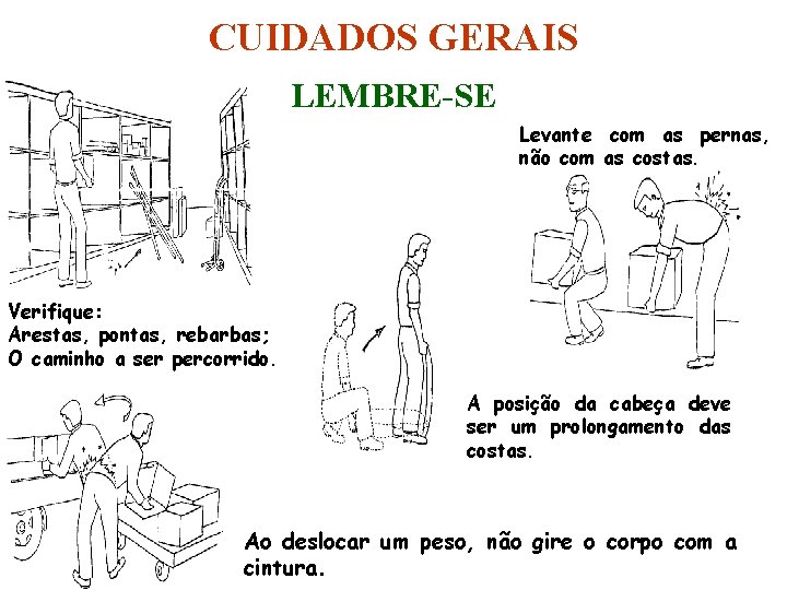 CUIDADOS GERAIS LEMBRE-SE Levante com as pernas, não com as costas. Verifique: Arestas, pontas,