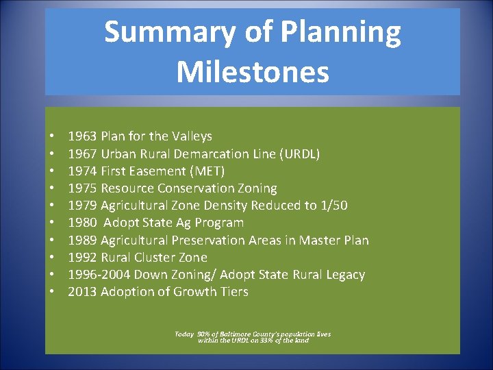 Summary of Planning Milestones • • • 1963 Plan for the Valleys 1967 Urban