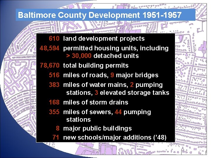 Baltimore County Development 1951 -1957 610 land development projects 48, 594 permitted housing units,