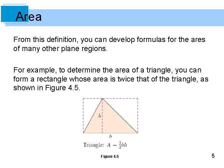 Area From this definition, you can develop formulas for the ares of many other