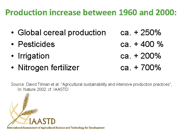 Production increase between 1960 and 2000: • • Global cereal production Pesticides Irrigation Nitrogen