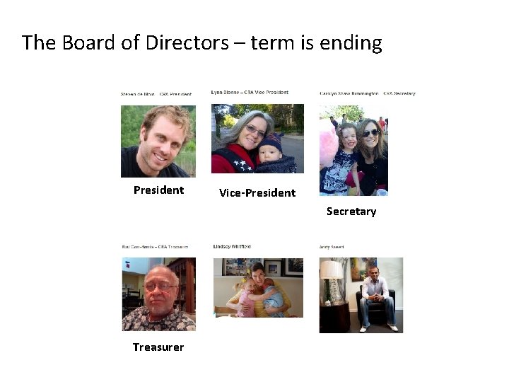 The Board of Directors – term is ending President Vice-President Secretary Treasurer 