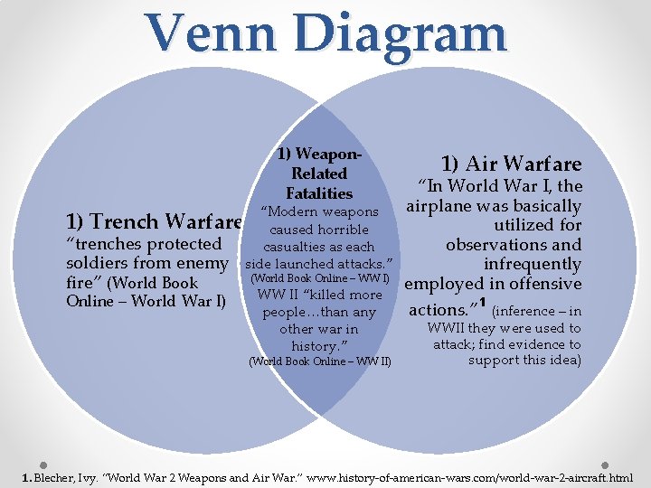 Venn Diagram 1) Weapon. Related Fatalities “Modern weapons 1) Trench Warfare caused horrible “trenches