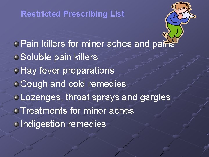 Restricted Prescribing List Pain killers for minor aches and pains Soluble pain killers Hay