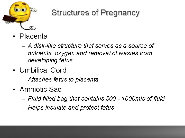 Structures of Pregnancy • Placenta – A disk-like structure that serves as a source