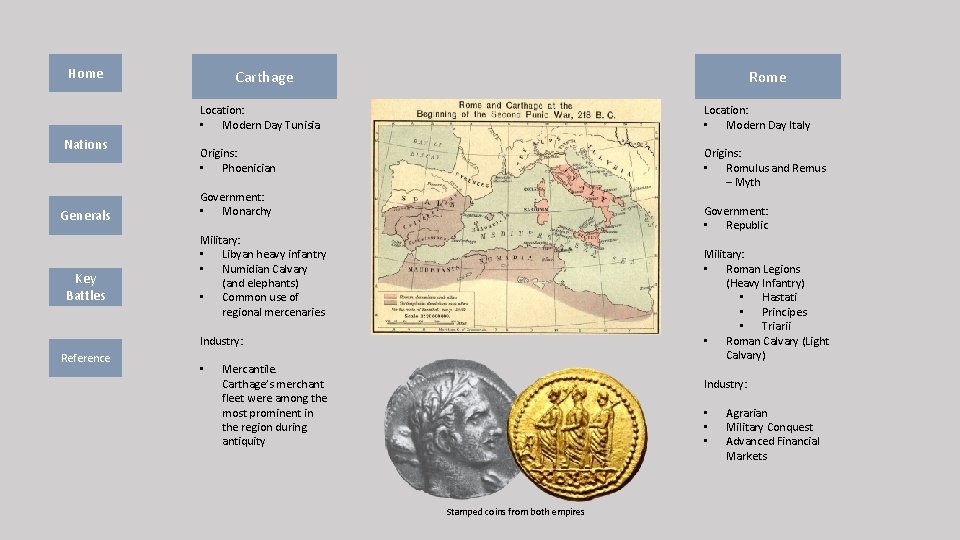 Home Nations Generals Key Battles Carthage Rome Location: • Modern Day Tunisia Location: •